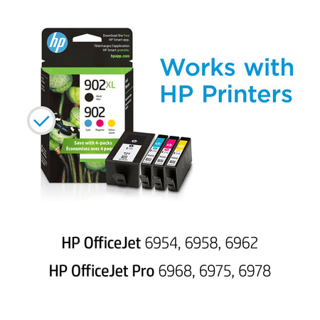 HP 902XL/902 Black High Yield and Cyan/Magenta/Yellow Standard Yield Ink Cartridge, 4/Pack