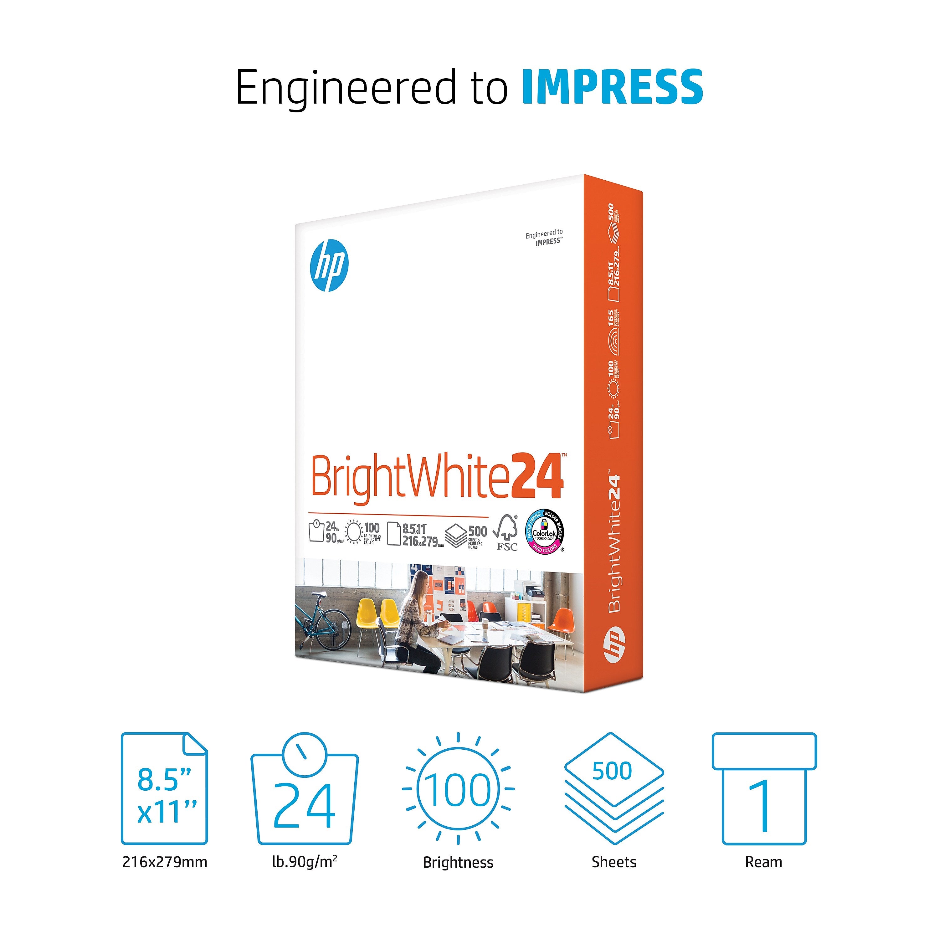 HP BrightWhite24 8.5" x 11" Inkjet Paper, 24 lbs., 100 Brightness, 500 Sheets/Ream