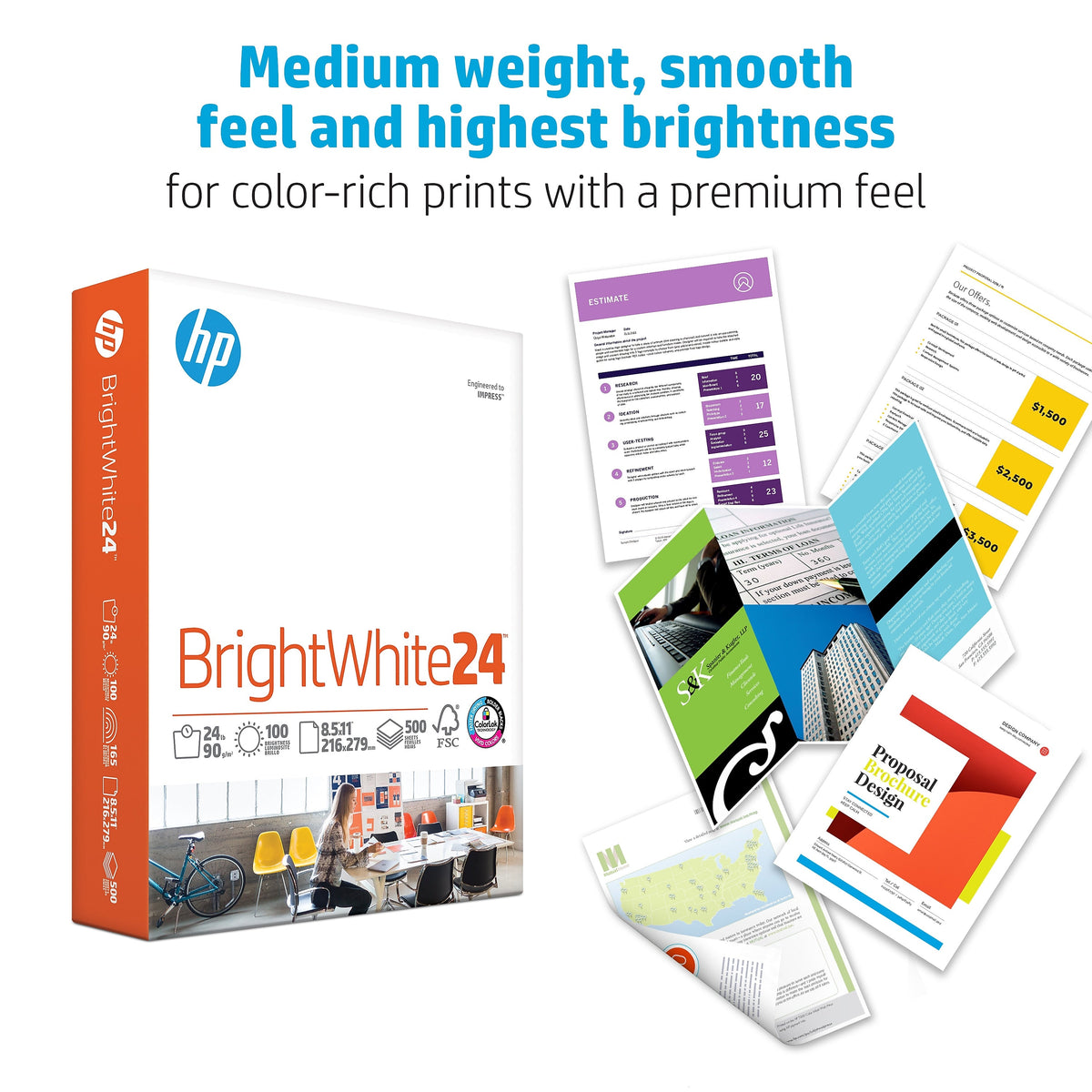 HP BrightWhite24 8.5" x 11" Inkjet Paper, 24 lbs., 100 Brightness, 500 Sheets/Ream