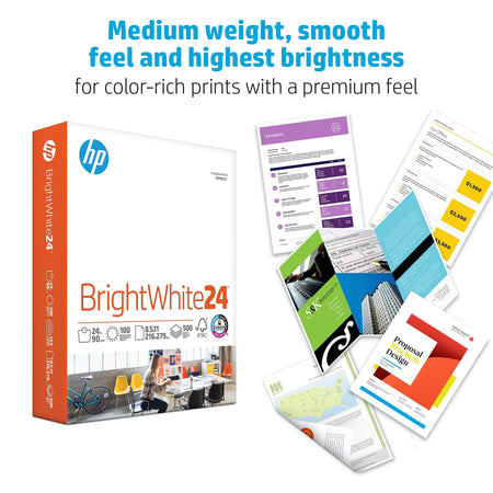 HP BrightWhite24 8.5" x 11" Inkjet Paper, 24 lbs., 100 Brightness, 500 Sheets/Ream