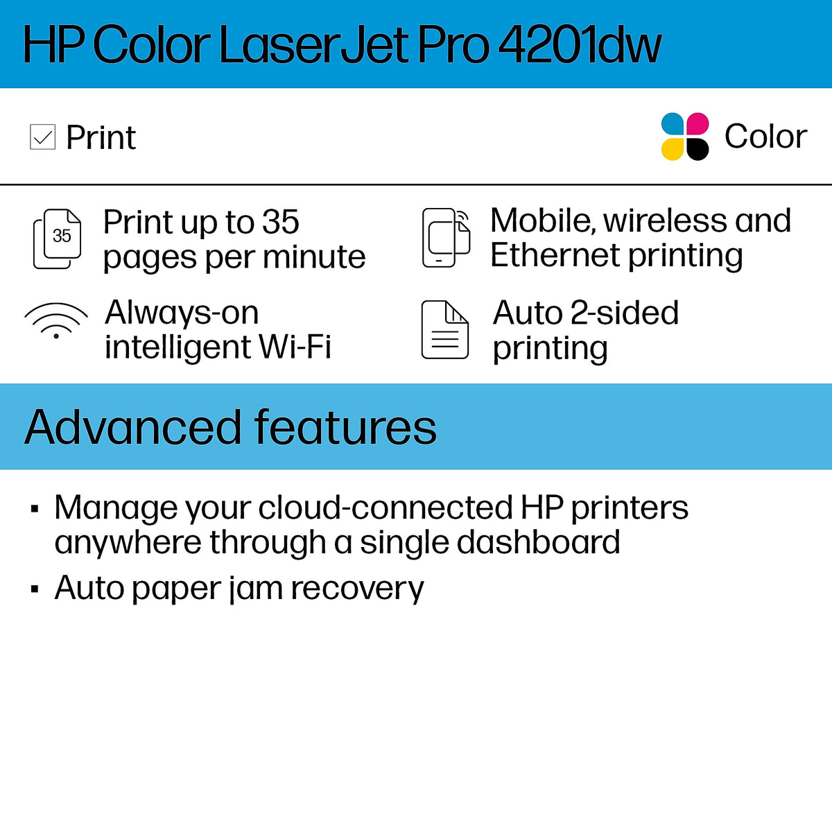 HP Color LaserJet Pro 4201dw Wireless Printer, Fast Speeds, Mobile Print, Advanced Security, Best for Small Teams