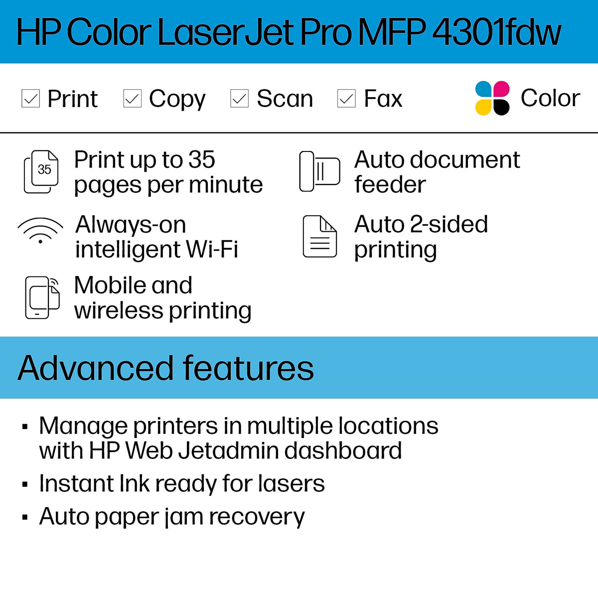 HP Color LaserJet Pro MFP 4301fdw Wireless All-in-One Printer, Scan, Copy, Fax, Mobile Print, Best for Small Teams