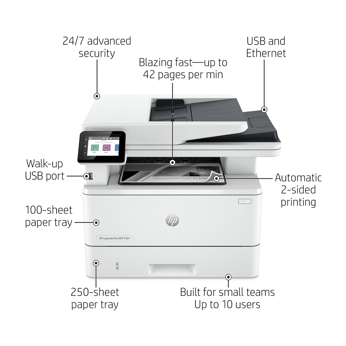 HP LaserJet Pro MFP 4101fdn Laser Printer, Scan, Copy, Fax, Mobile Print, Secure, Best for Office, Ethernet Only