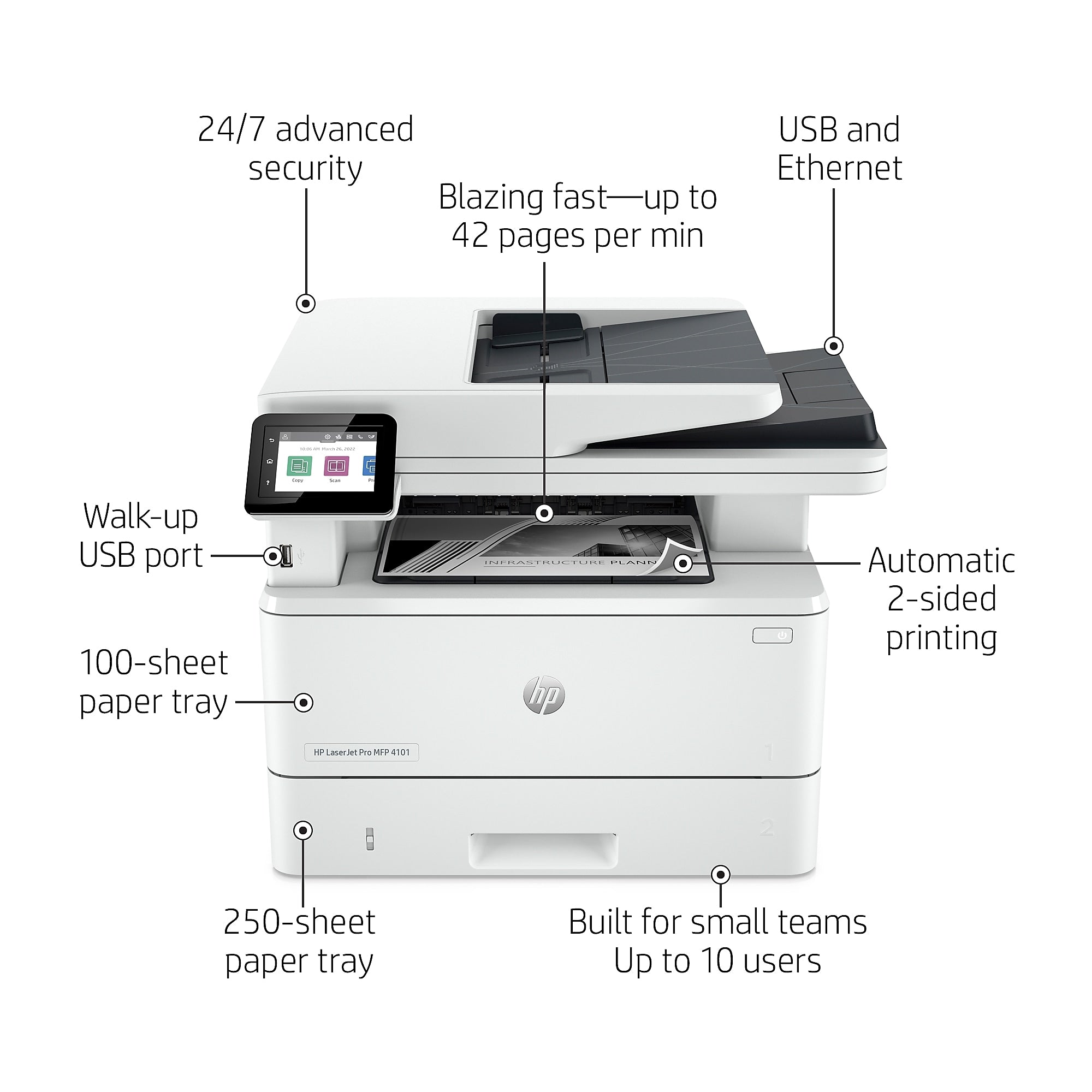 HP LaserJet Pro MFP 4101fdn Laser Printer, Scan, Copy, Fax, Mobile Print, Secure, Best for Office, Ethernet Only