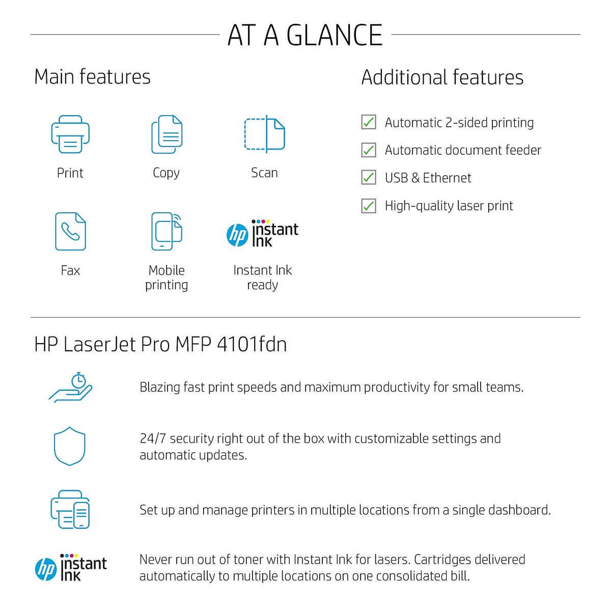 HP LaserJet Pro MFP 4101fdn Laser Printer, Scan, Copy, Fax, Mobile Print, Secure, Best for Office, Ethernet Only