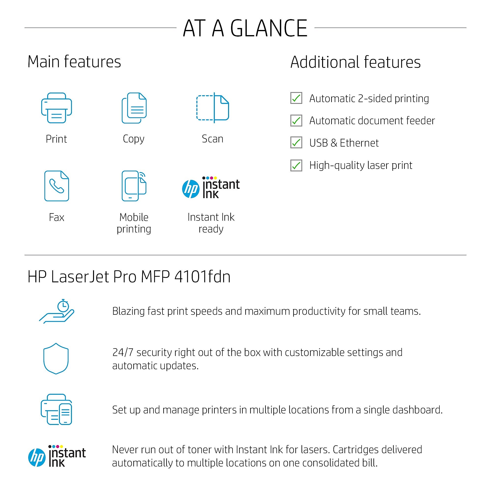 HP LaserJet Pro MFP 4101fdn Laser Printer, Scan, Copy, Fax, Mobile Print, Secure, Best for Office, Ethernet Only