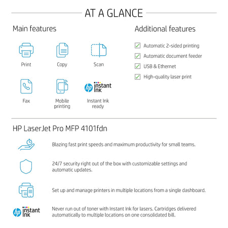 HP LaserJet Pro MFP 4101fdn Laser Printer, Scan, Copy, Fax, Mobile Print, Secure, Best for Office, Ethernet Only