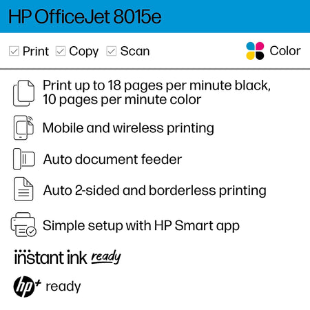 HP OfficeJet 8015e Wireless Color All-in-One Printer with 3 months of ink included