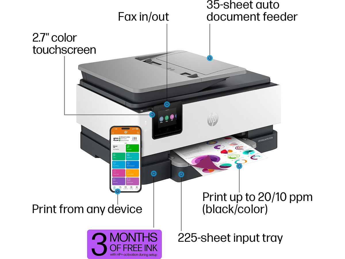 HP OfficeJet Pro 8135e Wireless All-in-One Color Inkjet Printer Scanner Copier, Best for Home Office, 3 months FREE INK