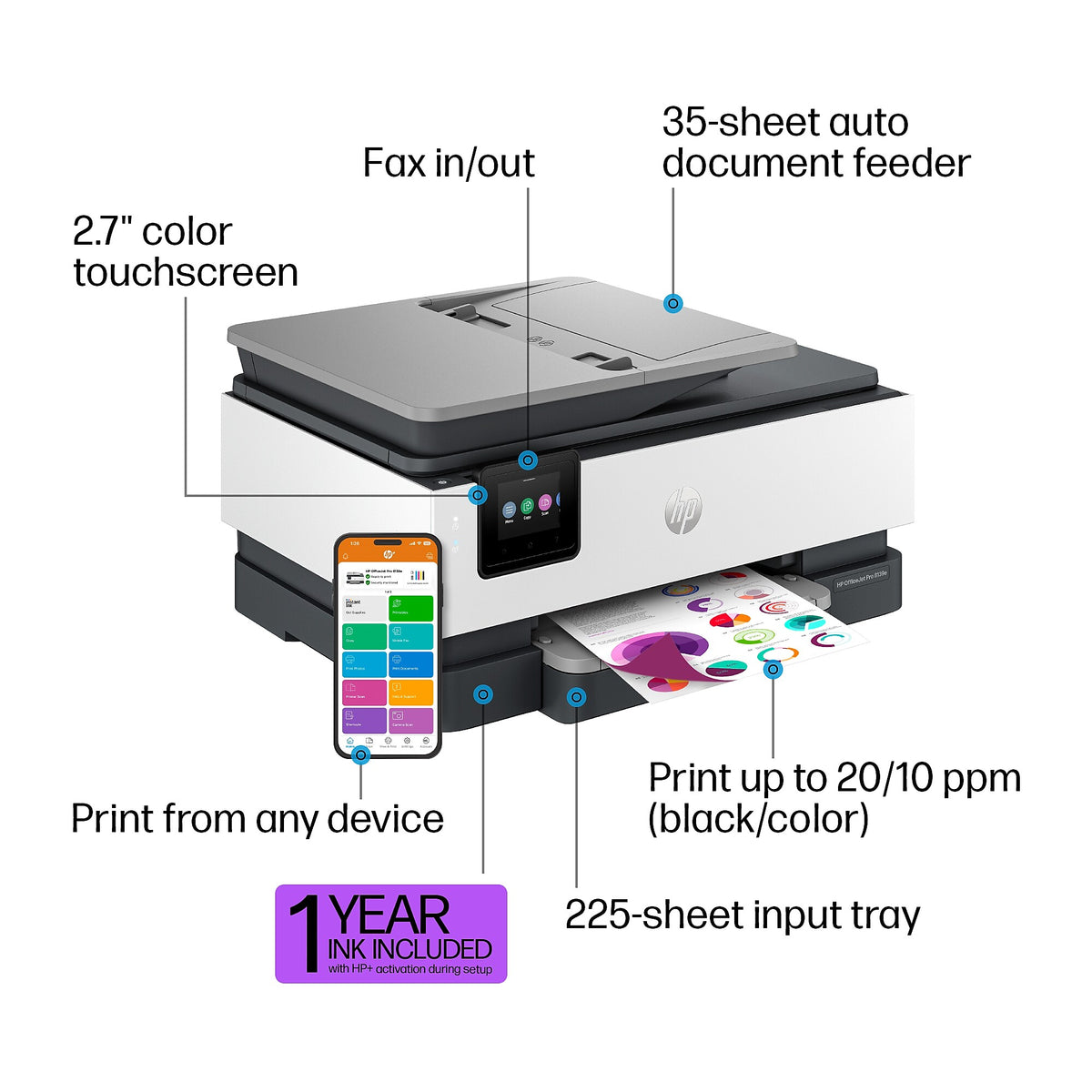 HP OfficeJet Pro 8139e Wireless All-in-One Color Inkjet Printer Scanner Copier, Best for Home Office, 1 Full Year Ink