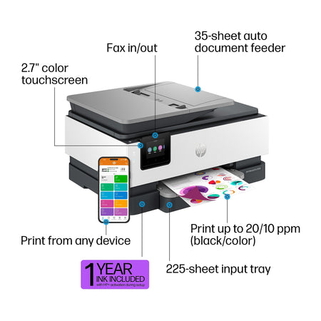 HP OfficeJet Pro 8139e Wireless All-in-One Color Inkjet Printer Scanner Copier, Best for Home Office, 1 Full Year Ink