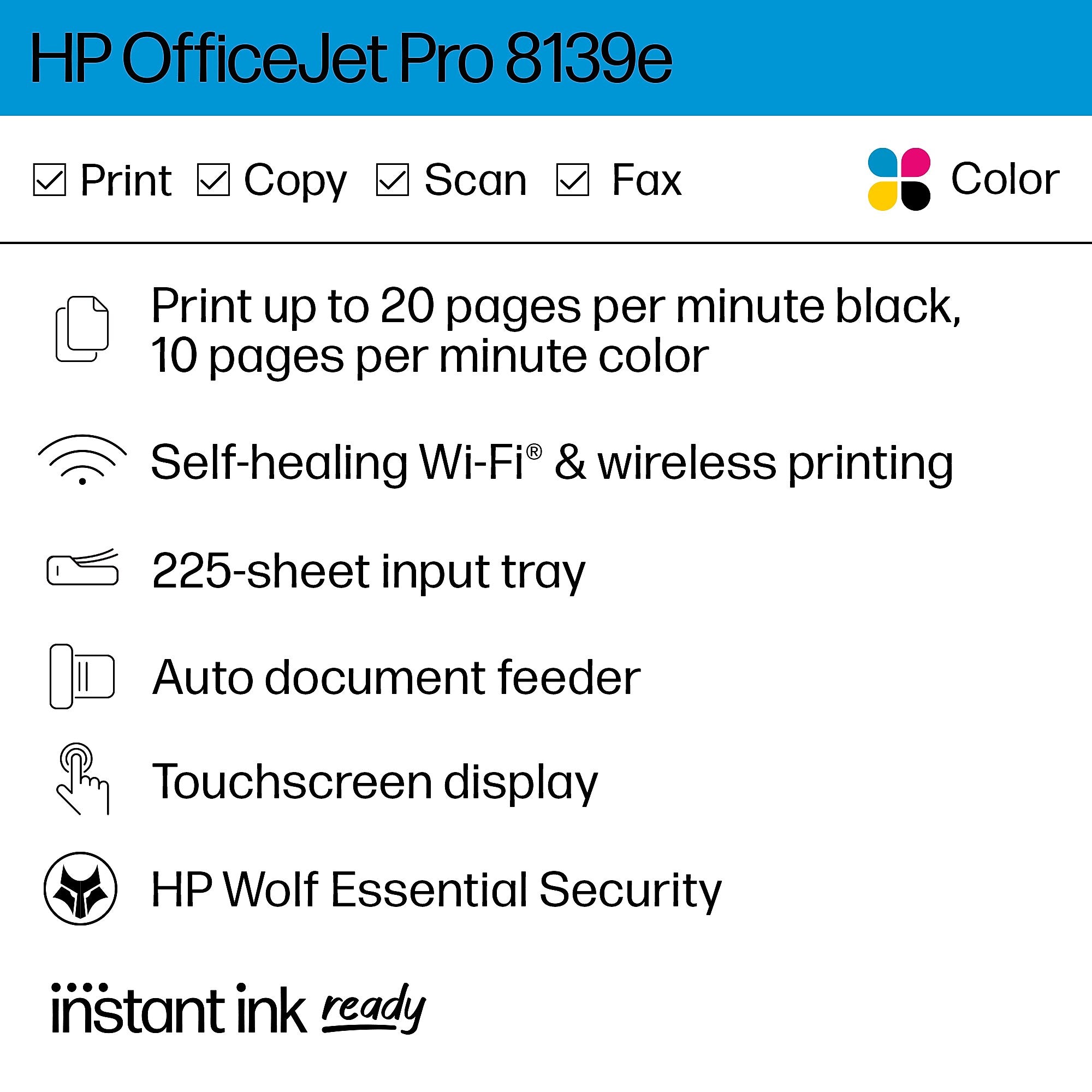 HP OfficeJet Pro 8139e Wireless All-in-One Color Inkjet Printer Scanner Copier, Best for Home Office, 1 Full Year Ink