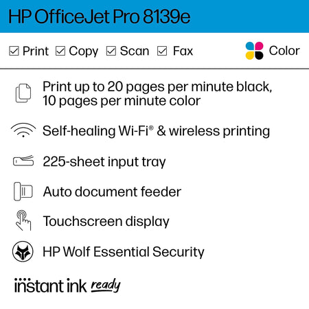 HP OfficeJet Pro 8139e Wireless All-in-One Color Inkjet Printer Scanner Copier, Best for Home Office, 1 Full Year Ink