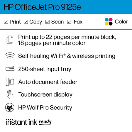 HP OfficeJet Pro 9125e Wireless All-in-One Color Inkjet Printer Scanner Copier, Best for Home Office, 3 months FREE INK