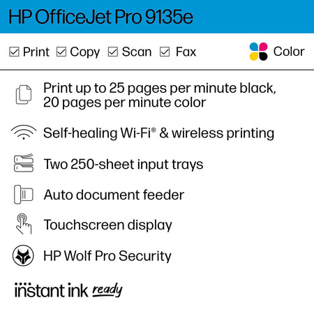 HP OfficeJet Pro 9135e Wireless All-in-One Color Inkjet Printer Scanner Copier, Best for Home Office, 3 months FREE INK