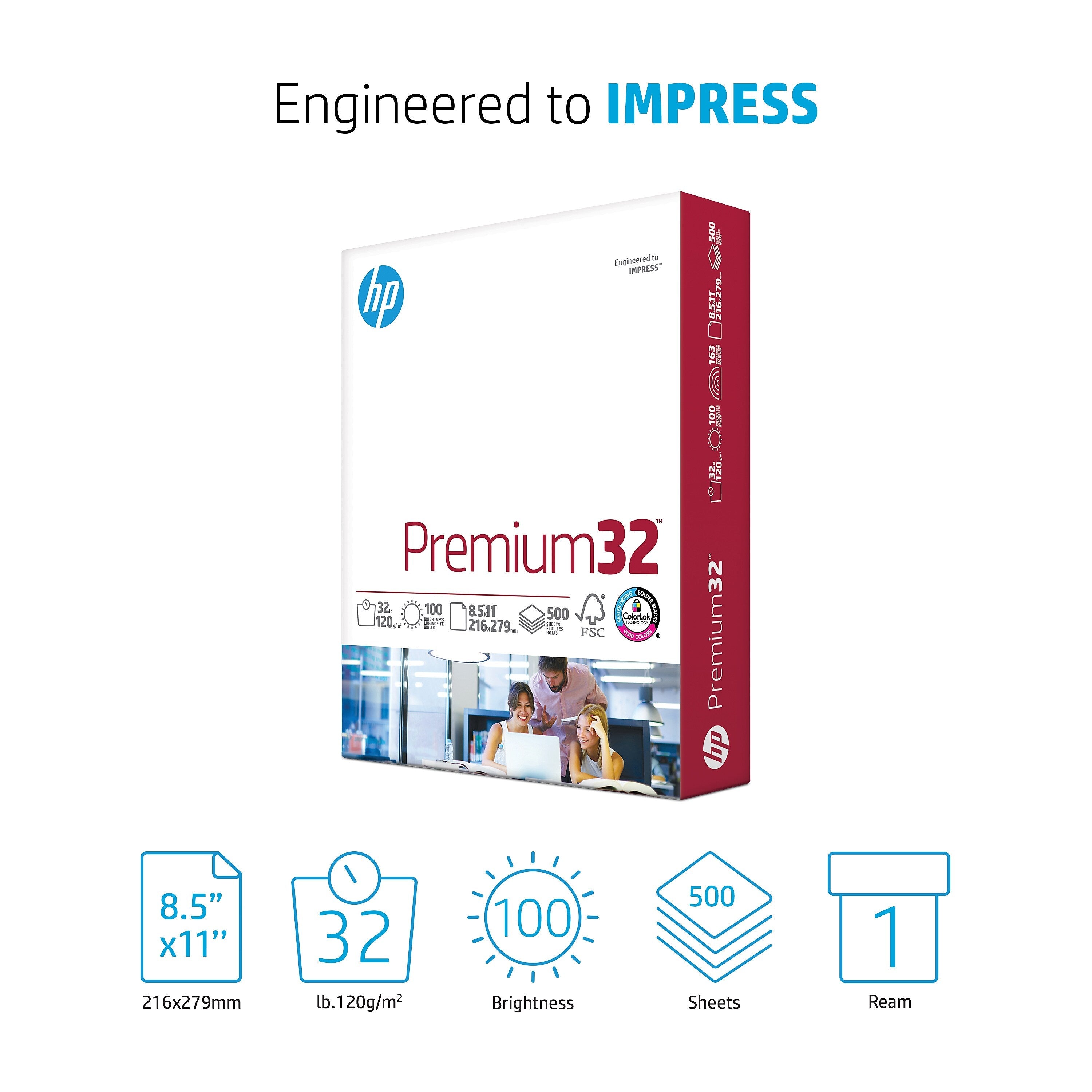 HP Premium32 8.5" x 11" Multipurpose Paper, 32 lbs., 100 Brightness, 500 Sheets/Ream