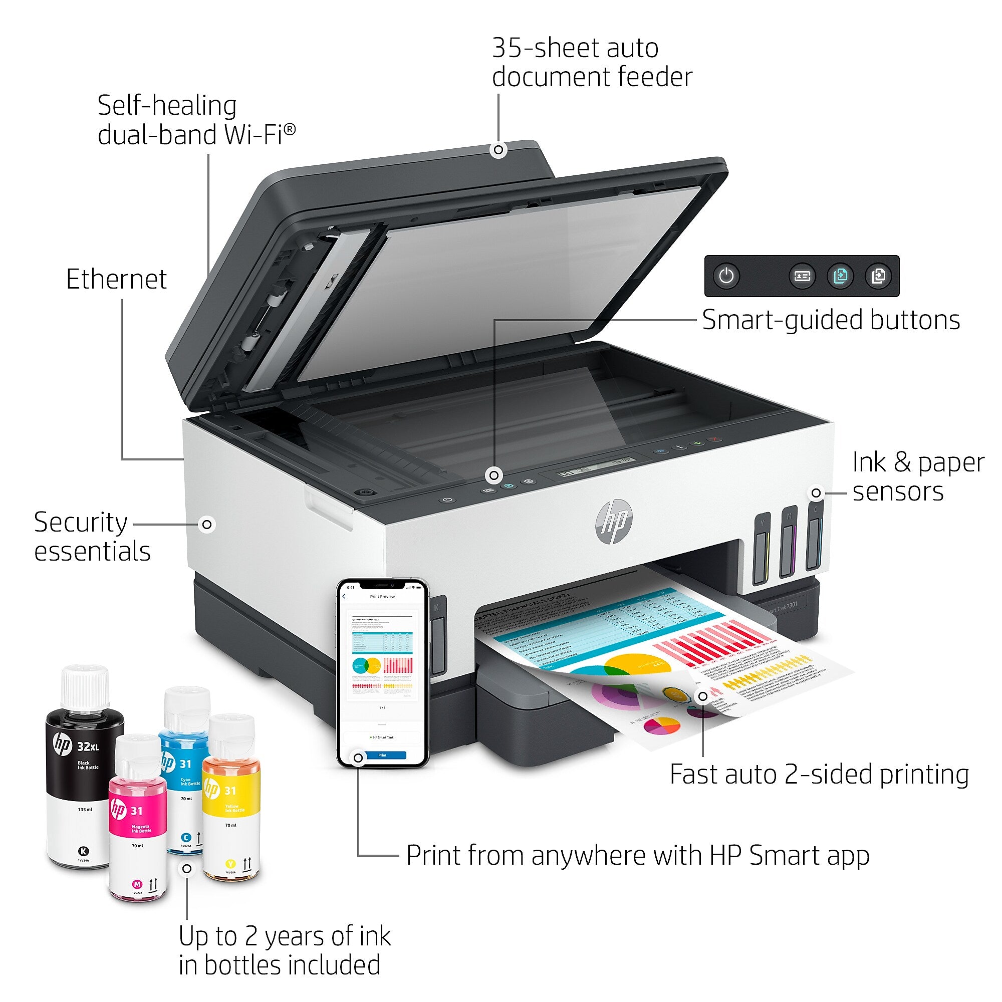 HP Smart Tank 7301 Inkjet Printer, All-in-One Supertank, Print/Copy/Scan