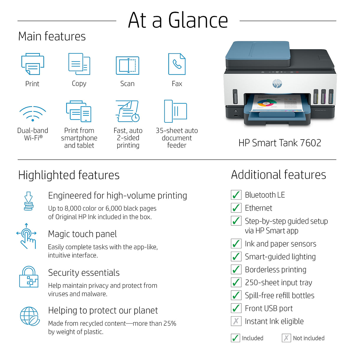 HP Smart Tank 7602 Inkjet Printer, All-in-One Supertank, Print/Copy/Scan/Fax