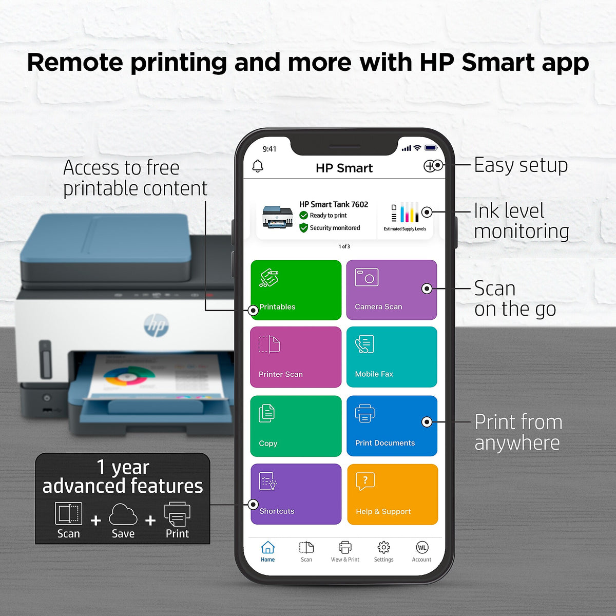 HP Smart Tank 7602 Inkjet Printer, All-in-One Supertank, Print/Copy/Scan/Fax