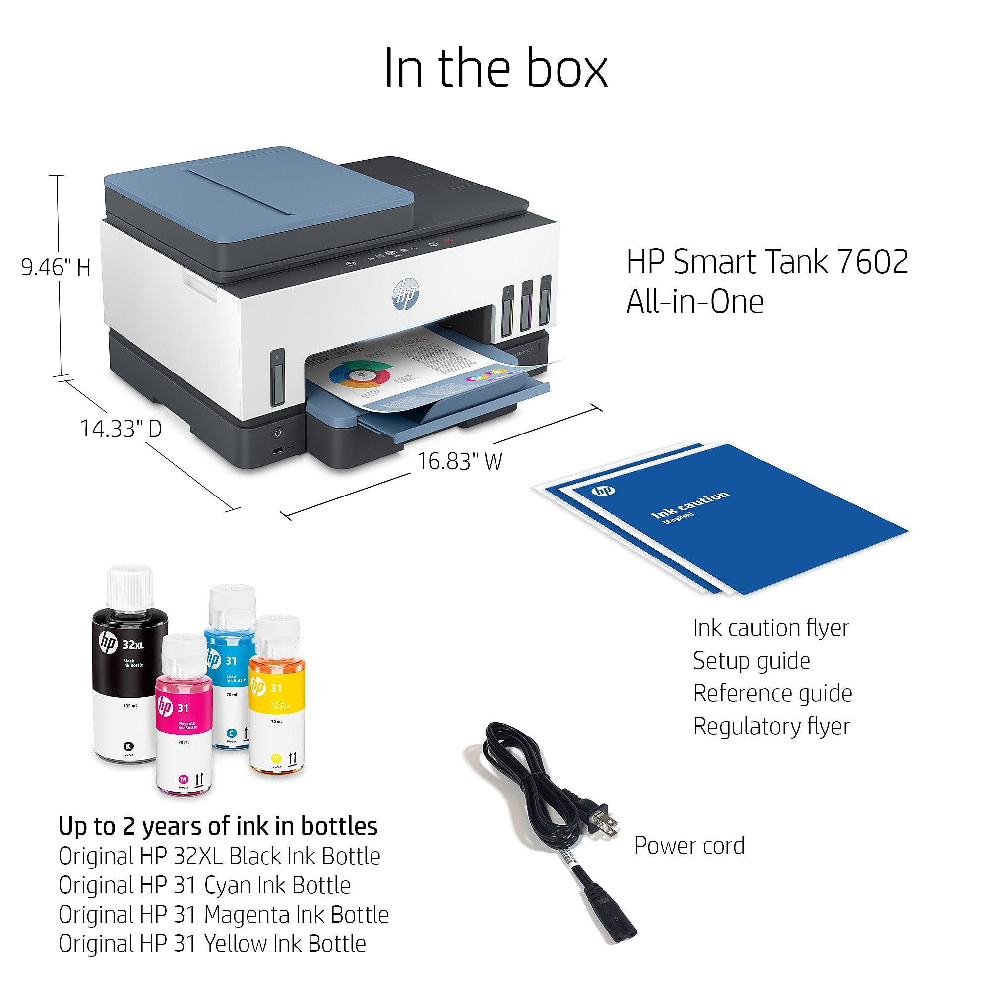 HP Smart Tank 7602 Inkjet Printer, All-in-One Supertank, Print/Copy/Scan/Fax