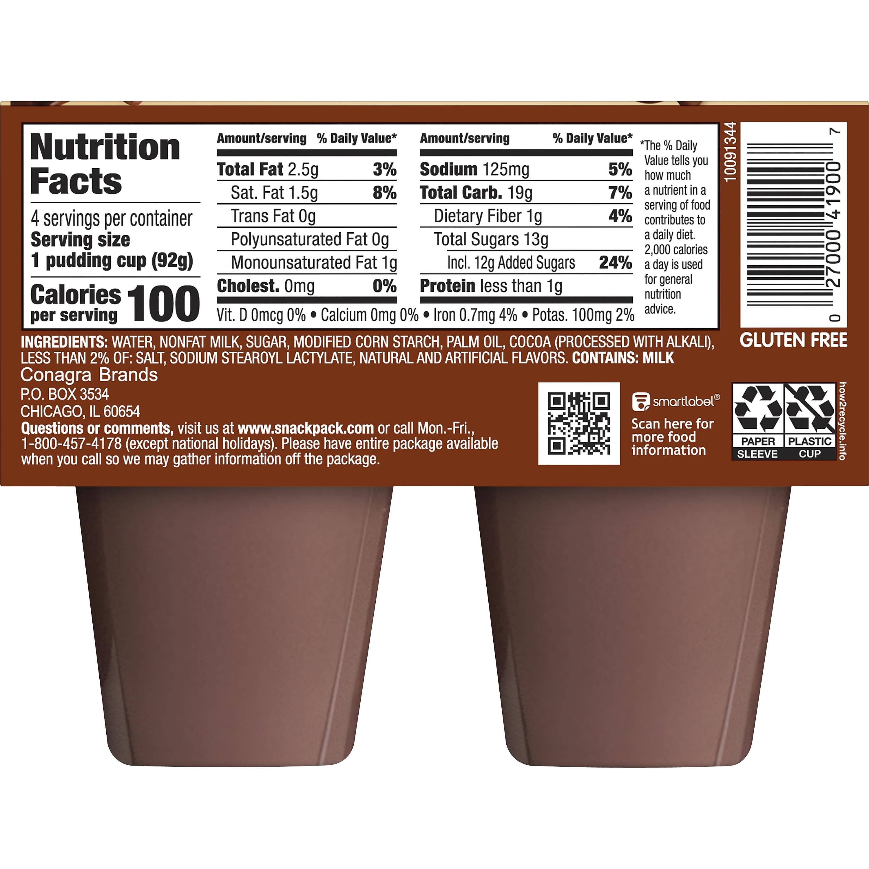 Hunt's Snack Pack Chocolate Pudding, 3.5 oz., 48/Carton