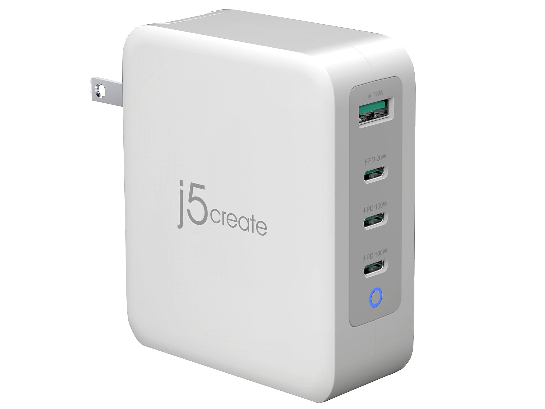 j5create 130W GaN USB-C 4-Port Charger for Laptops, Tablets, and Mobile Devices, White