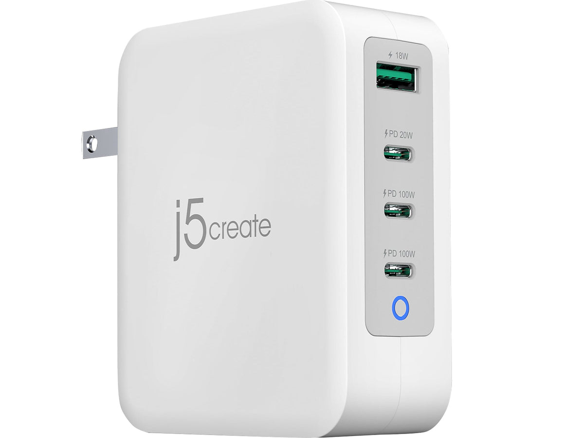 j5create 130W GaN USB-C 4-Port Charger for Laptops, Tablets, and Mobile Devices, White