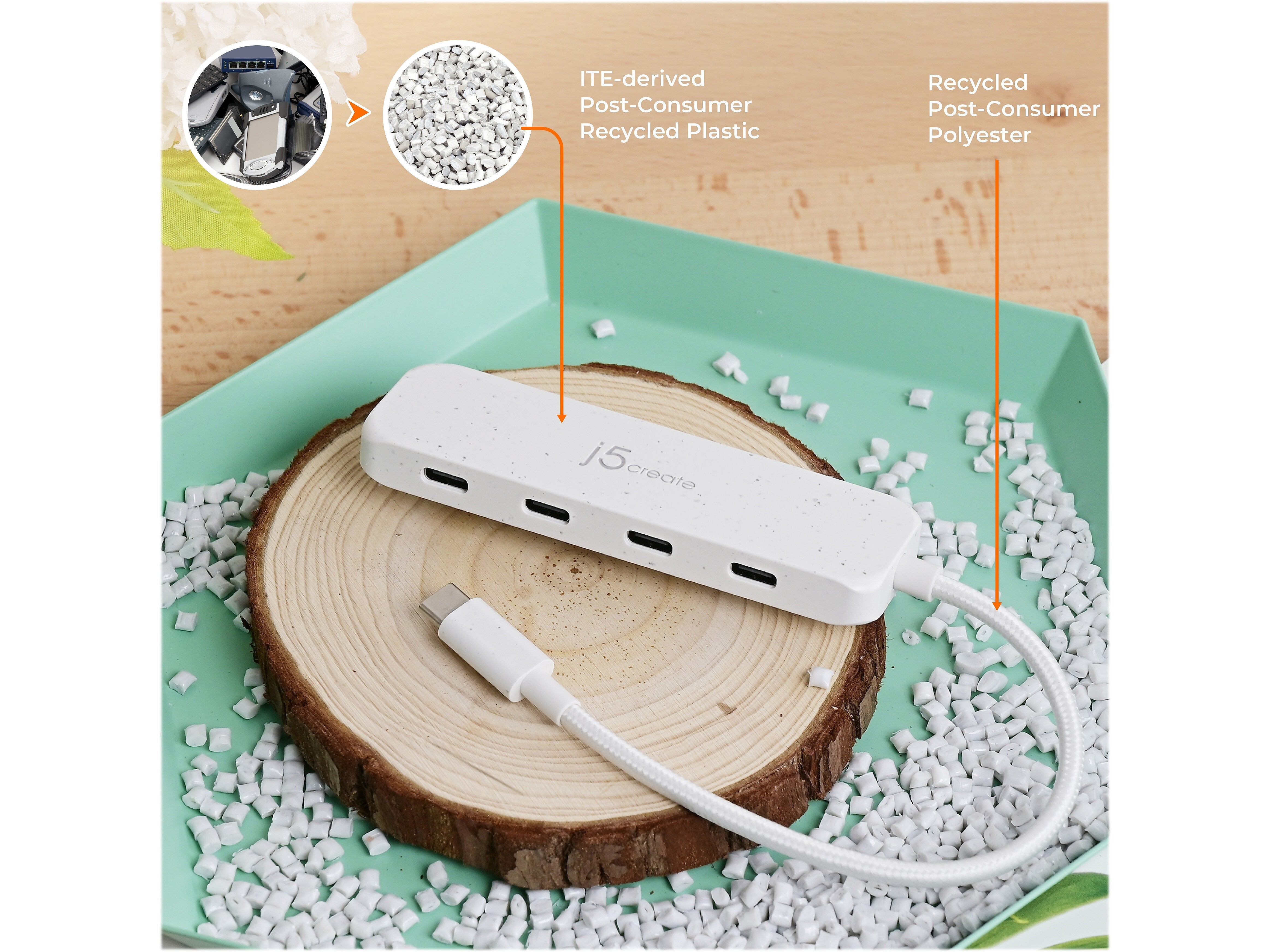 j5create Eco-Friendly 4-Port USB Type-C Hub, Pure White