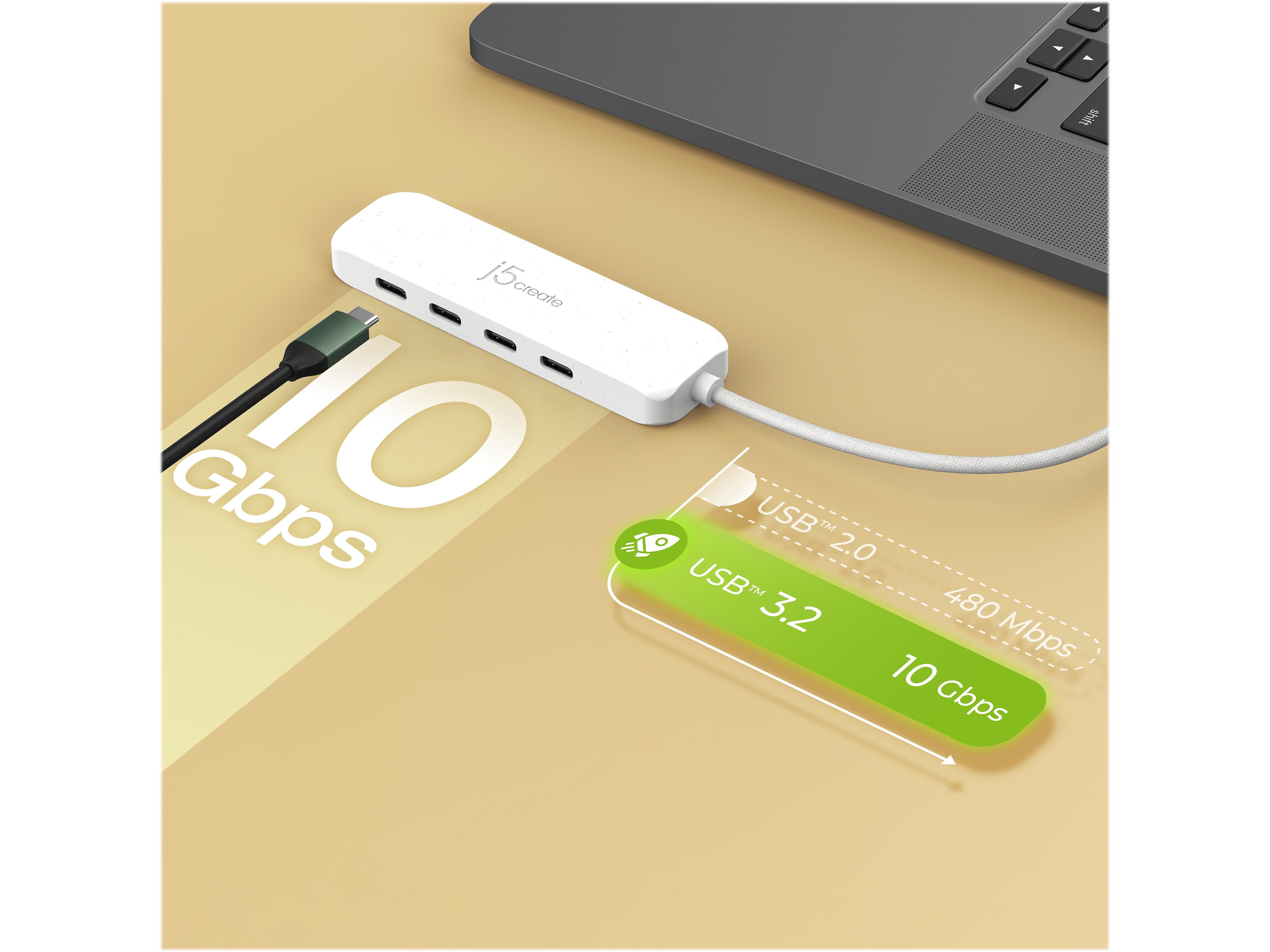 j5create Eco-Friendly 4-Port USB Type-C Hub, Pure White