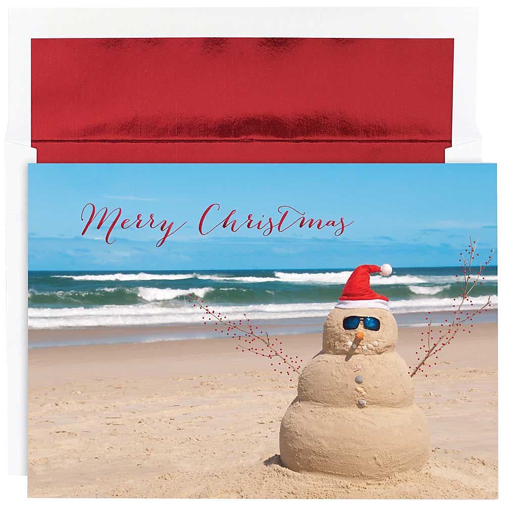 JAM Paper® Christmas Cards Set, Beach Snowman, 18/Pack