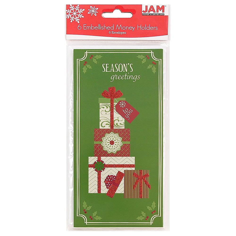 JAM Paper® Christmas Money Cards Set, Seasons Greetings Gifts, 6/Pack