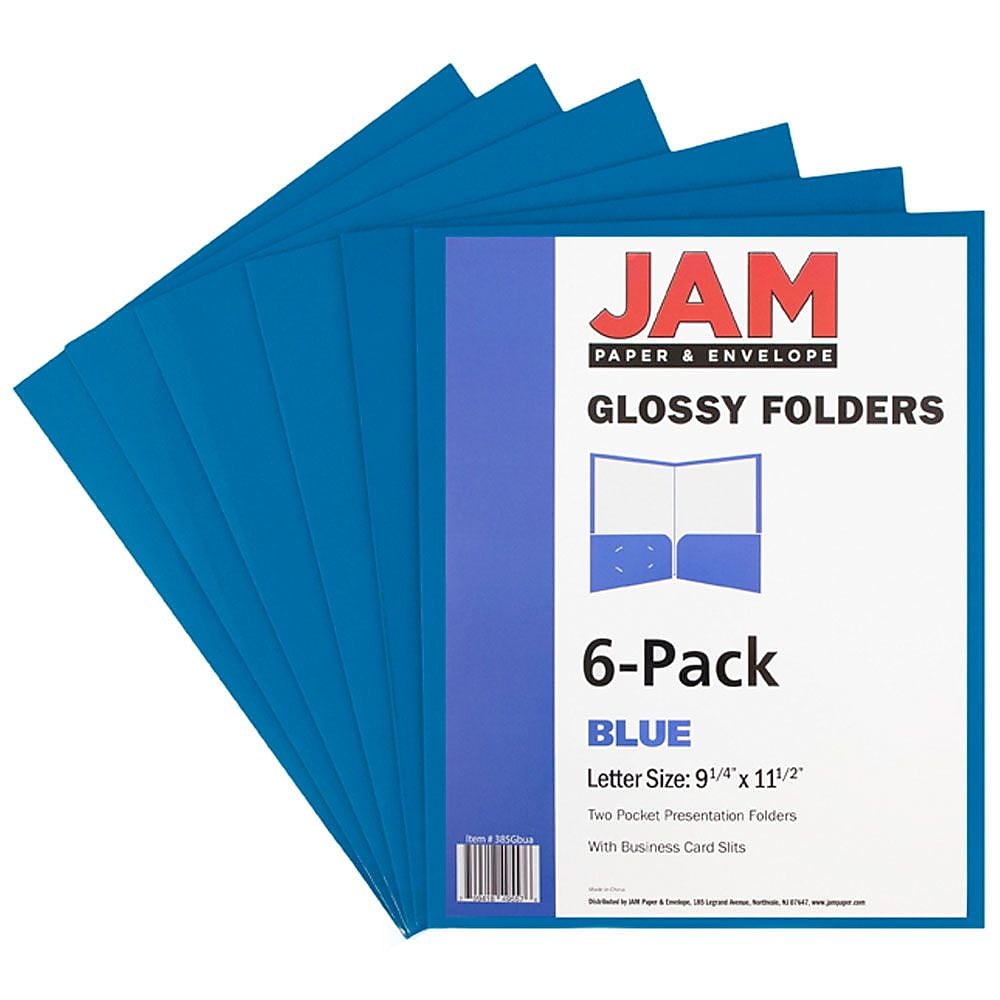 JAM Paper Glossy 2-Pocket Portfolio Folder, Blue, 6/Pack