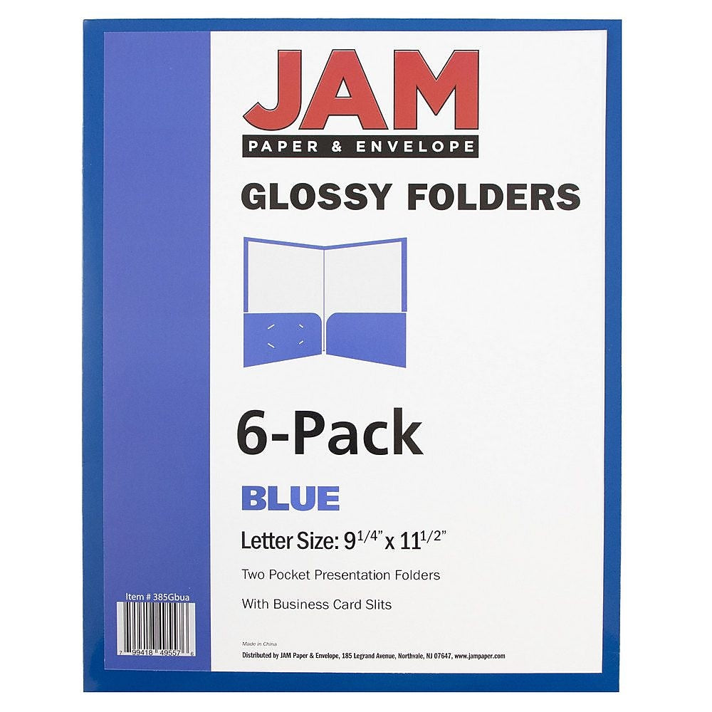JAM Paper Glossy 2-Pocket Portfolio Folder, Blue, 6/Pack