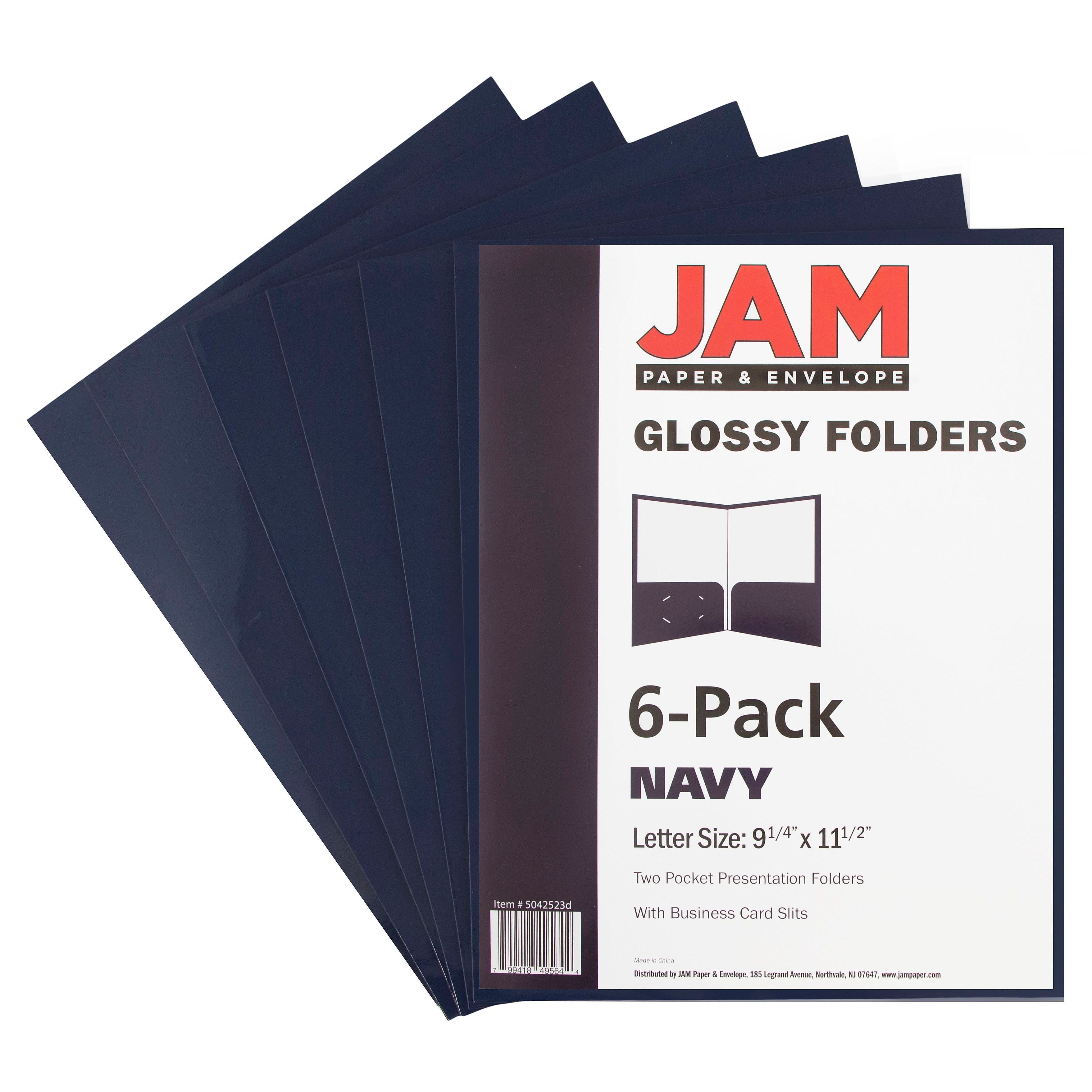 JAM Paper Glossy 2-Pocket Portfolio Folder, Navy Blue, 6/Pack