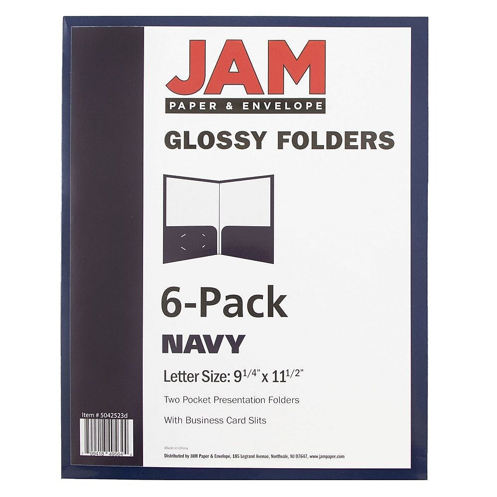 JAM Paper Glossy 2-Pocket Portfolio Folder, Navy Blue, 6/Pack