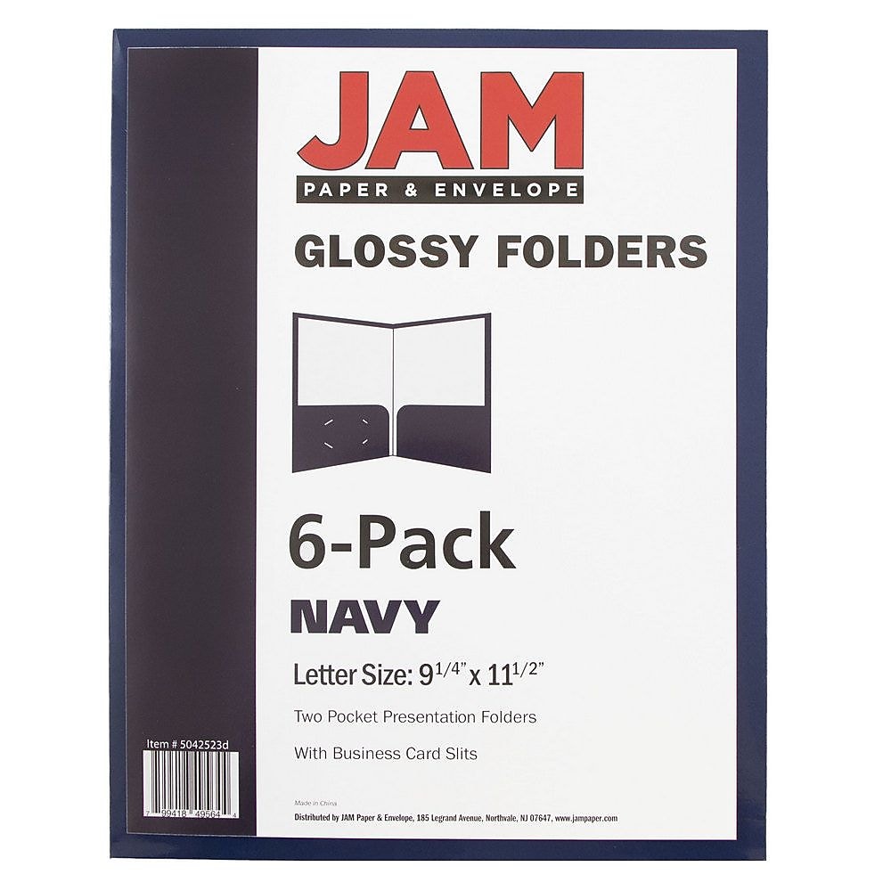 JAM Paper Glossy 2-Pocket Portfolio Folder, Navy Blue, 6/Pack