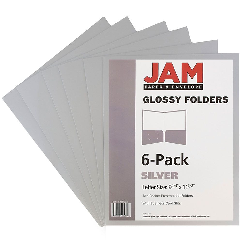 JAM Paper Glossy 2-Pocket Portfolio Folder, Silver, 6/Pack