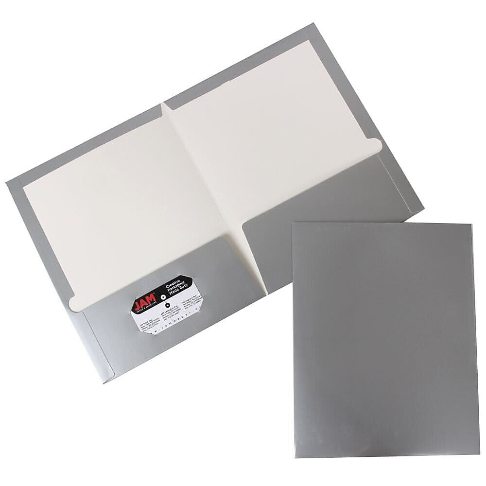 JAM Paper Glossy 2-Pocket Portfolio Folder, Silver, 6/Pack