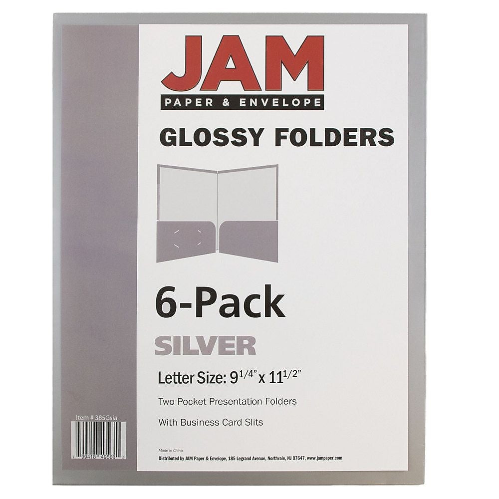 JAM Paper Glossy 2-Pocket Portfolio Folder, Silver, 6/Pack