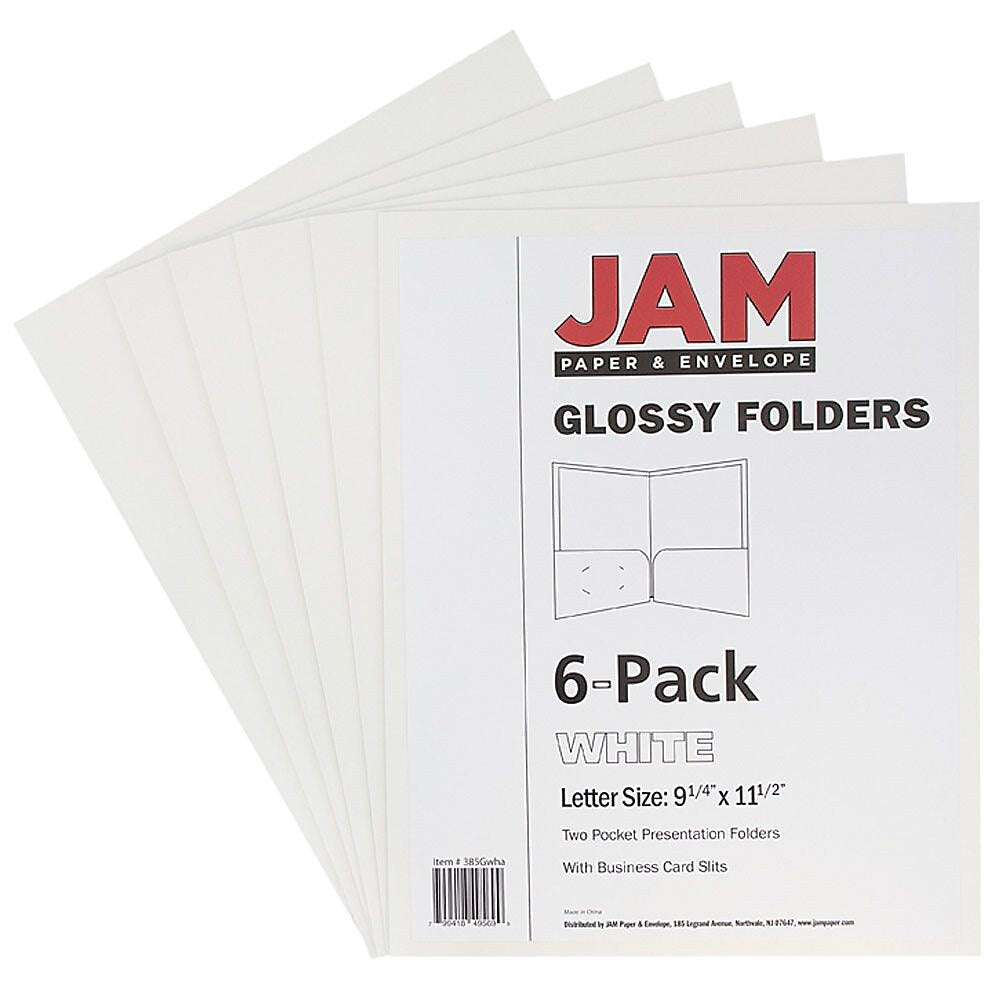 JAM Paper Glossy 2 Pocket Presentation Folder, White, 6/Pack