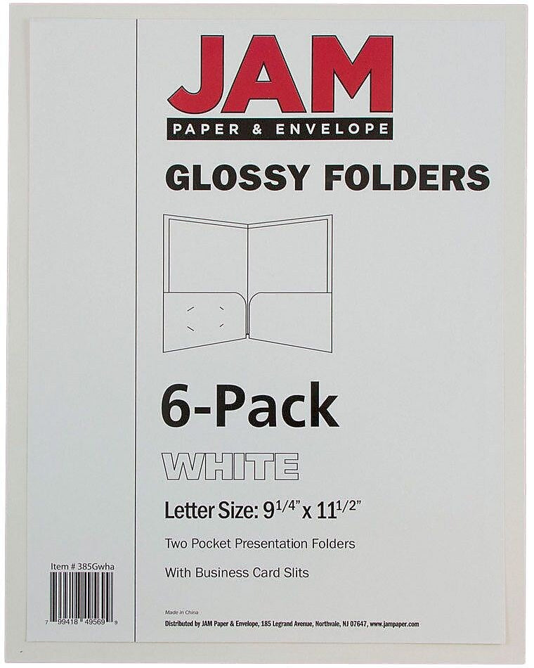 JAM Paper Glossy 2 Pocket Presentation Folder, White, 6/Pack
