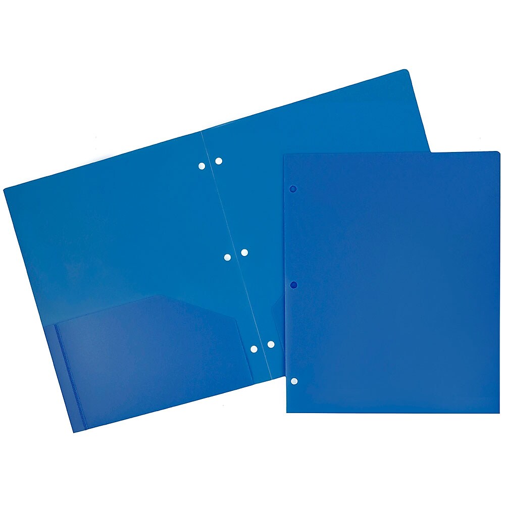 JAM Paper Heavy Duty 3 Hole Punch Two-Pocket Plastic Folders, Blue, 6/Pack