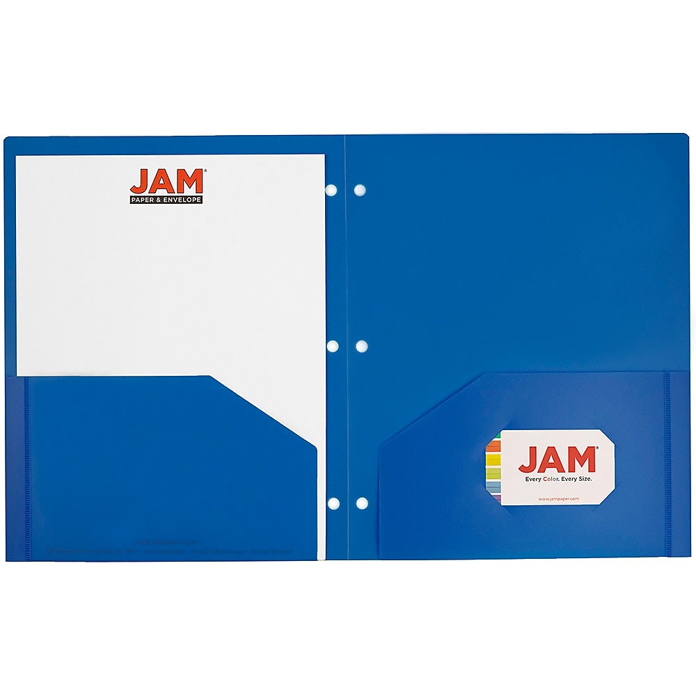 JAM Paper Heavy Duty 3 Hole Punch Two-Pocket Plastic Folders, Blue, 6/Pack