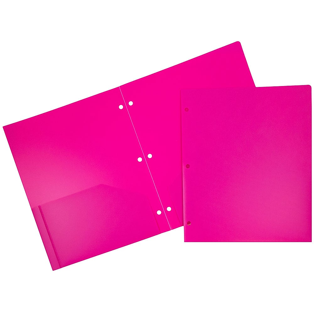 JAM Paper Heavy Duty 3 Hole Punch Two-Pocket Plastic Folders, Fuchsia Pink, 6/Pack