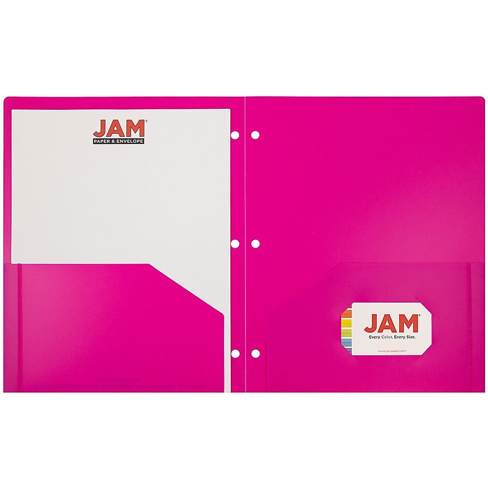 JAM Paper Heavy Duty 3 Hole Punch Two-Pocket Plastic Folders, Fuchsia Pink, 6/Pack