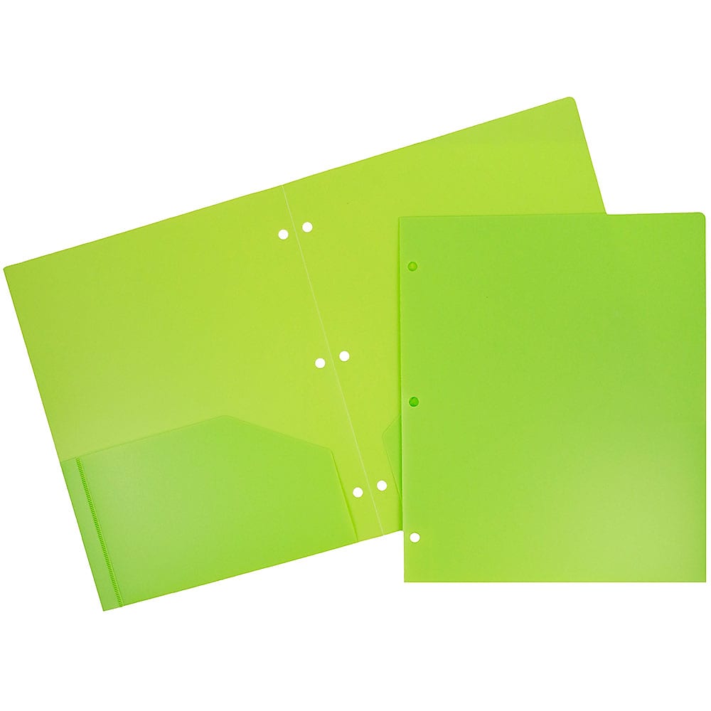 JAM Paper Heavy Duty 3 Hole Punch Two-Pocket Plastic Folders, Lime Green, 6/Pack