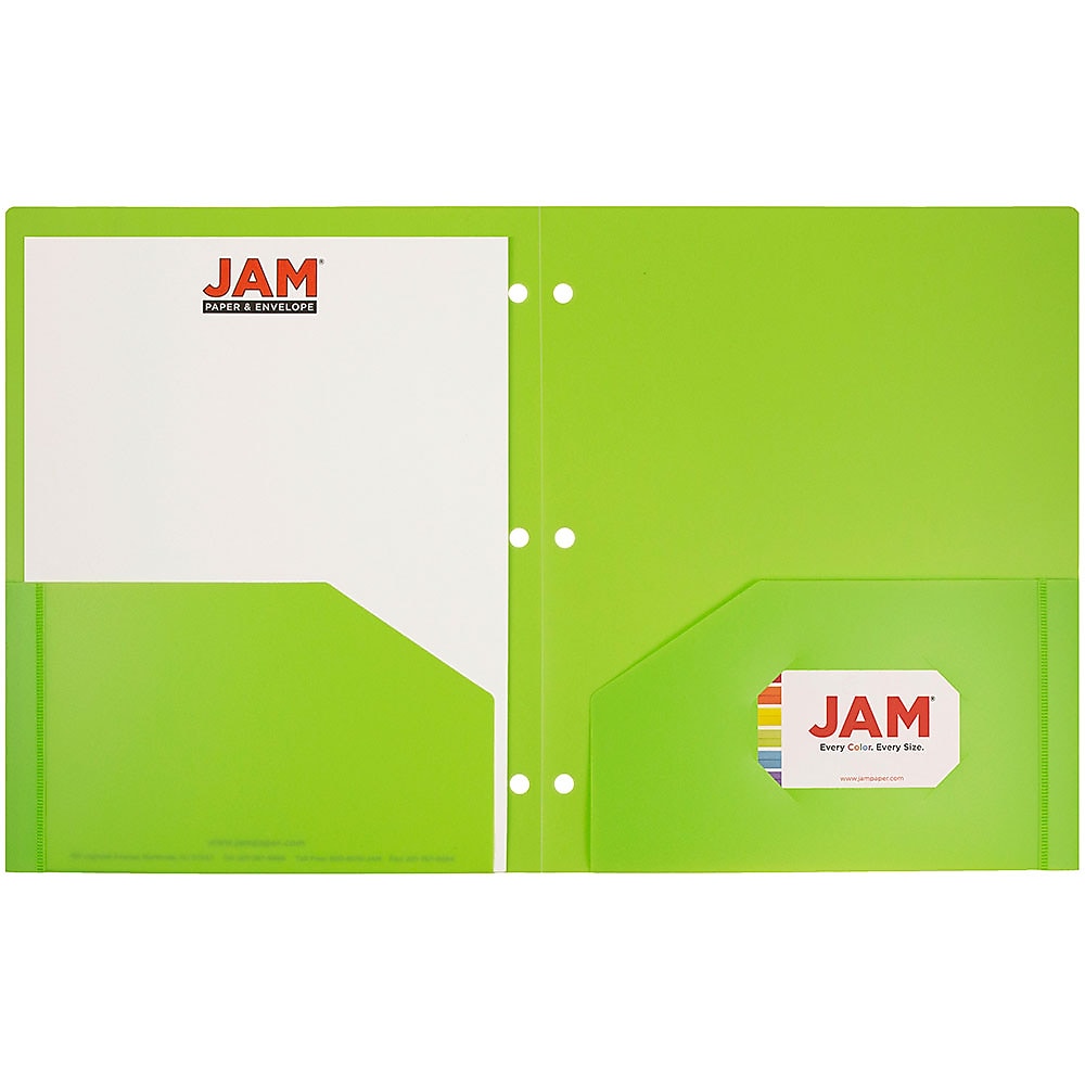 JAM Paper Heavy Duty 3 Hole Punch Two-Pocket Plastic Folders, Lime Green, 6/Pack