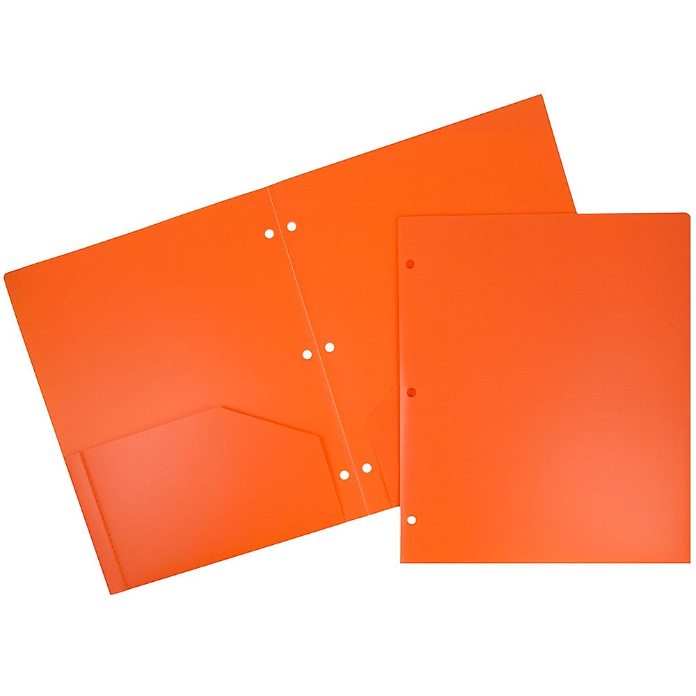 JAM Paper Heavy Duty 3 Hole Punch Two-Pocket Plastic Folders, Orange, 6/Pack