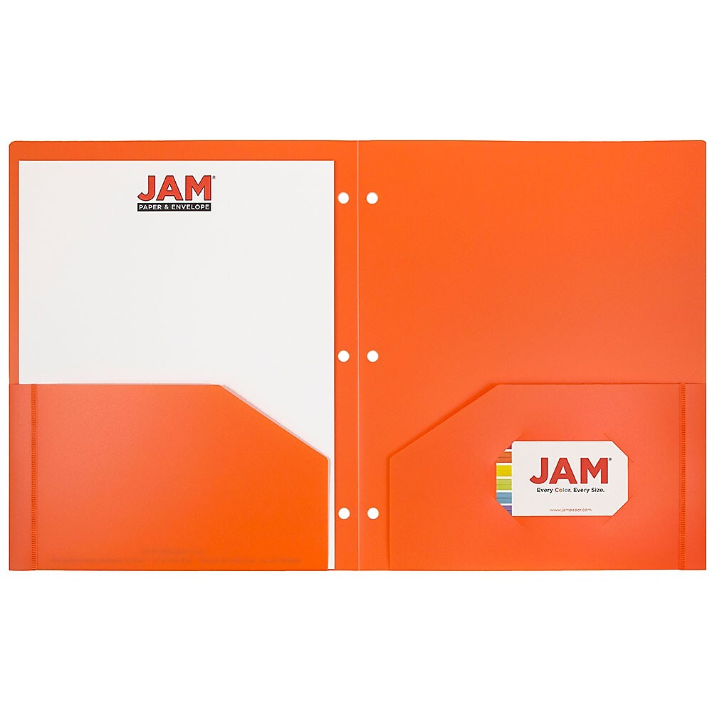 JAM Paper Heavy Duty 3 Hole Punch Two-Pocket Plastic Folders, Orange, 6/Pack