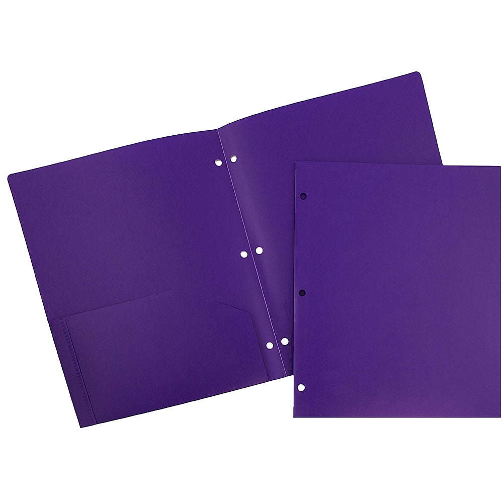 JAM Paper Heavy Duty 3 Hole Punch Two-Pocket Plastic Folders, Purple, 6/Pack